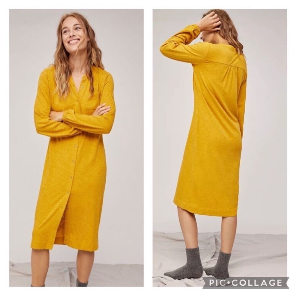Anthropologie Saturday Sunday Delfina Mustard Yellow Button Midi Shirtdress M